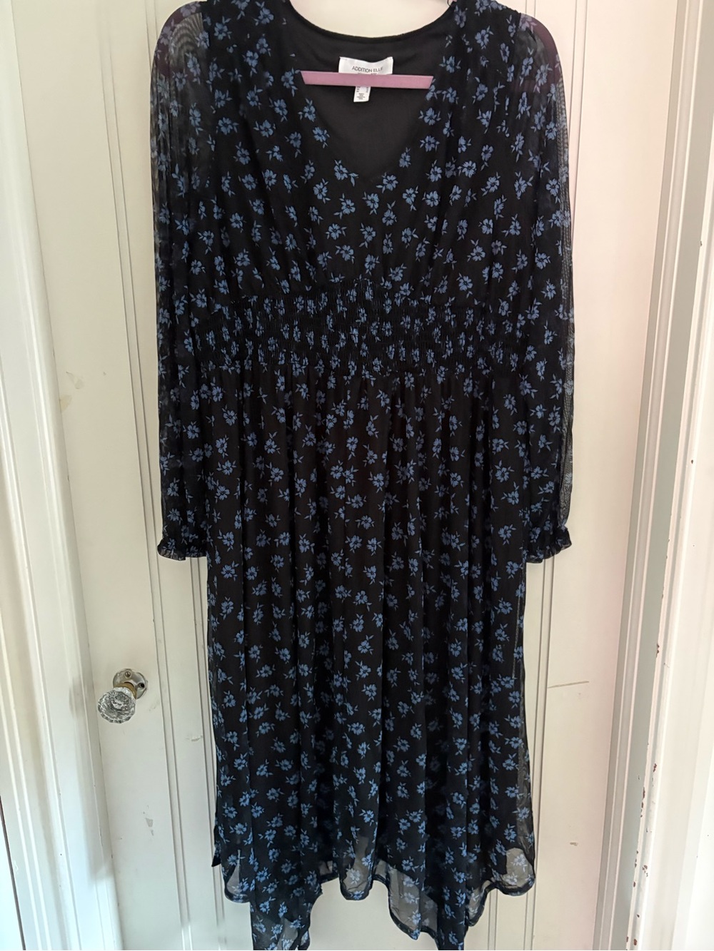 Addition Elle Black Long Sleeve Midi Dress with Blue Floral Print
